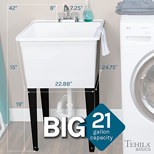 White 21-Gallon Freestanding Utility Sink with Chrome Faucet & Adjustable Legs