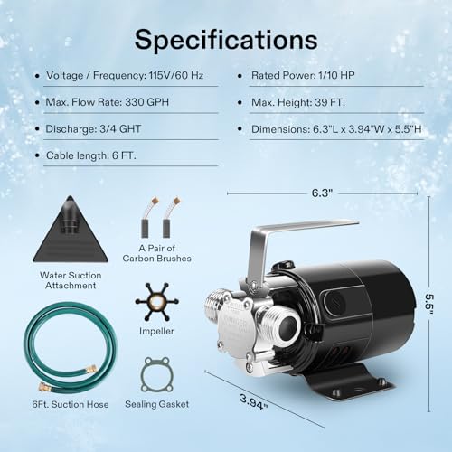 VIVOSUN 9x8 Inch 1/10HP Water Transfer Pump 330 GPH Portable Utility Pump with Hose
