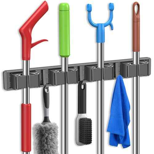 Broom Holder Wall Mount, Mop and Broom Hanger Wall Mount for Organizing and Storing Items in Household Kitchens, Gardens, Laundries (4 Racks & 3 Hooks, Grey)