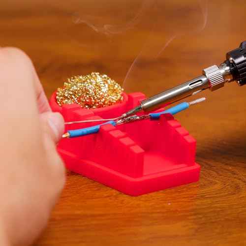 WEP S200 Red Soldering Wire Holder, Heat Resistant Silicone Stand with Brass Wool Tip Cleaner and 6 V-shaped grooves, Helping Hands for Soldering