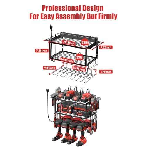 JUNNUJ Tool Organizer with Charging Station, 3 Layers Wall Mount Garage Tools Storage with 8 Outlets Power Strip, 4 Drills Holder Battery Heavy Duty Metal Shelf, Utility Rack with Hooks, Black