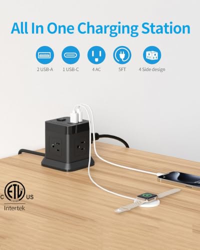 FDTEK Power Strip with USB-C, 4 Outlets & 3 USB Ports, 5FT Extension Cord, Black - Model Variation: 5FT USB-C