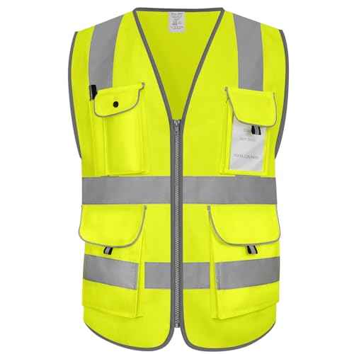 9 Pockets Full Zip Safety Vest, Class 2 High Visibility Work Vest for Construction, Utility Workers, Meets ANSI/ISEA Standard, Yellow, Large