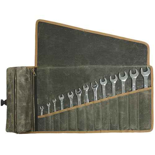 Canvas Tool Roll, Heavy Duty 16oz Waxed Canvas Wrench Roll - with Regular Tool Slots + 2 Zippered Pockets - Army Green, Portable Roll Up Wrench Organizer for Craftsman Contractor Repairman Gardener