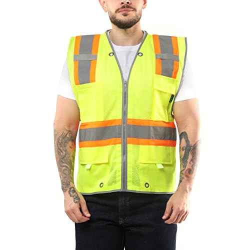 Kolossus - Safety Vest - High Visibility - Reflective Tape - Multi Frontal Pockets - Yellow Construction Work Vests