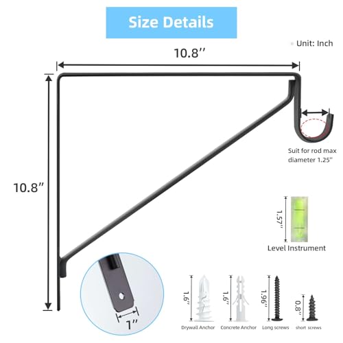 WEKIS 10-Pack Heavy Duty Matte Black Steel Closet Rod Brackets 10.8x10.8 inch Support 300 lbs