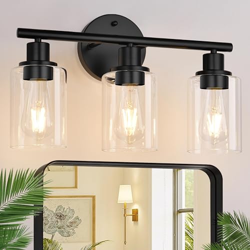 Zarbitta Matte Black 3-Light Bathroom Vanity Light Fixture with Clear Glass Shades - Reversible Mounting
