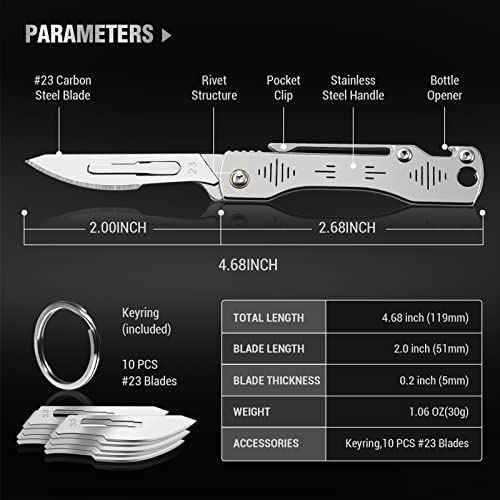 Folding Scalpel Knife, Scalpel Pocket Knife, Scalpels Surgical with 10pcs #23 Replaceable Razor Blades, Bottle Opener - Bread Lame Dough Scoring Tool, EDC Utility Knives, Small Keychain Knives for Men Outdoor Skinning