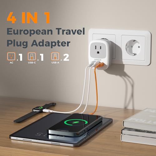 TESSAN 2 Pack Travel Plug Adapter US to Europe Type C, White & Grey