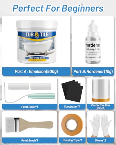 Xmntdo 17.6oz Tub and Tile Refinishing Kit - White Bathtub & Sink Paint with Tools & Hardener, Low Odor, Easy to Use, 25-30 sq.ft