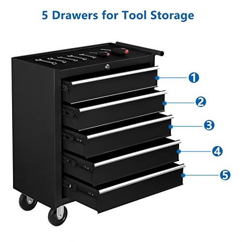 TUFFIOM Black 5-Drawer Rolling Tool Chest with Lockable Wheels, Top Cushion & Drawer Liners