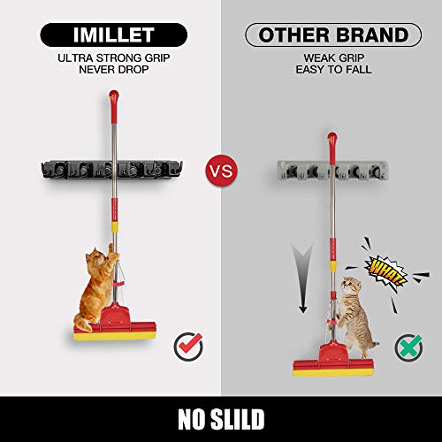 IMILLET 2 Pack Wall Mount Mop and Broom Organizer with Hooks – Heavy Duty Tool Rack Storage