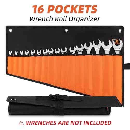 Wrench Roll Organizer 16 Pockets, Wrench Pouch Roll Up with Water Proof Oxford Cloth, Tool Roll Bag for Wrenches Organization, Black and Orange