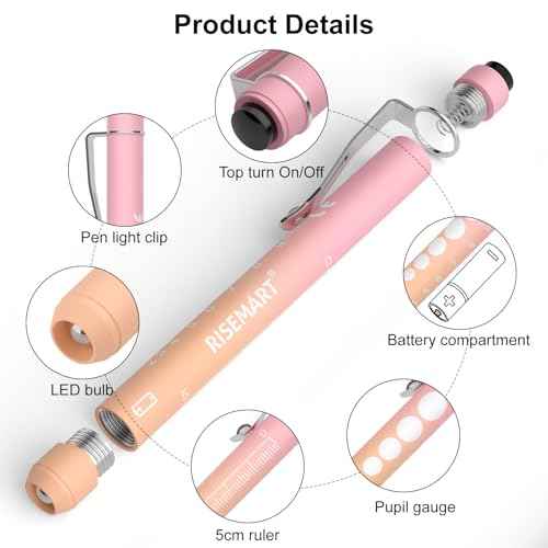 RISEMART Pen Light, Nurse Led Medical Penlight with Pupil Gauge for Nursing Students Doctors Black and Silver with Batteries