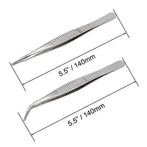 5-1/2 Inch Stainless Steel Tweezers with Straight and Curved Serrated Tip Multipurpose Forceps for Craft Repairing 2 Pack