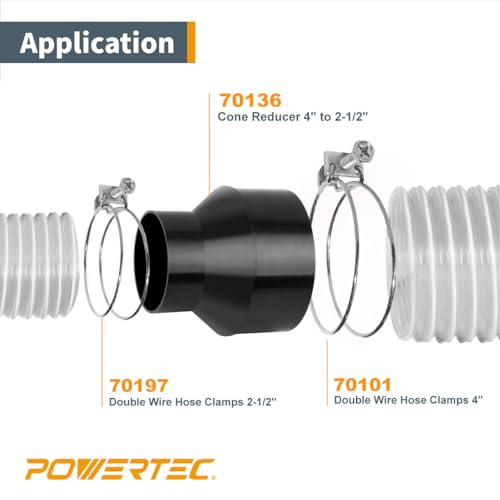 POWERTEC 70352 4" Hose to 2-1/2" Hose Cone Reducer with 4" & 2-1/2" Double Wire Clamps