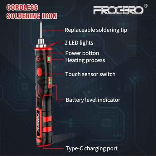 FrogBro Upgrade 11W 2500mAh Cordless Soldering Iron Kit, Max 968¢µ Fast Heating Portable, USB Rechargeable High Capacity with Touch Sensor & LED Spotlight