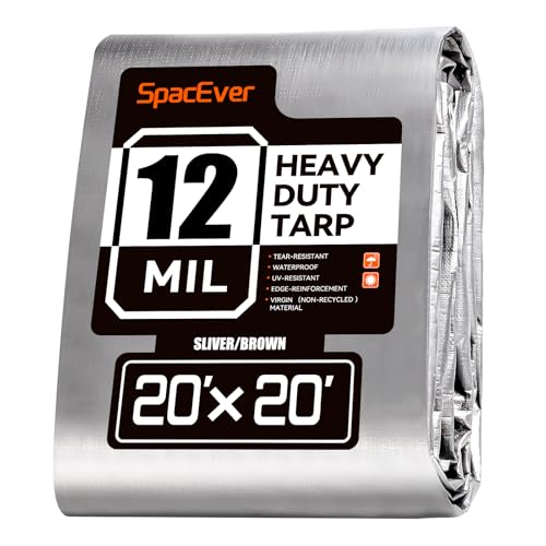 Heavy Duty Waterproof Tarp 20x20 ft UV & Tear Resistant with Grommets - Silver & Brown, 12 Mil Thick, Outdoor Cover for Pool, Roof, Tent, Firewood
