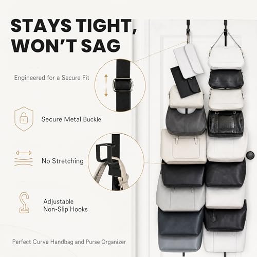 Over-The-Door Handbag & Purse Organizer - Fits Up To 18 Bags, 2 Straps, Easy Install - Perfect Curve