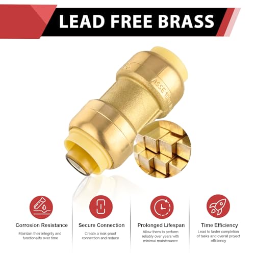 EFIELD 1/2 Inch Push-Fit Brass Straight Coupling - Pack of 10, Model P10, Lead-Free, Compatible with Copper, PEX, CPVC