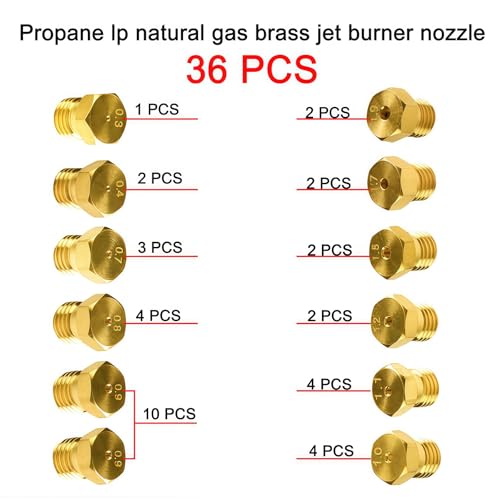 JTEYINH 36Pcs Gas Orifice Conversion Kit for Range, Cooktop, Stove – 0.3-1.9mm Brass Nozzles, 11 Sizes