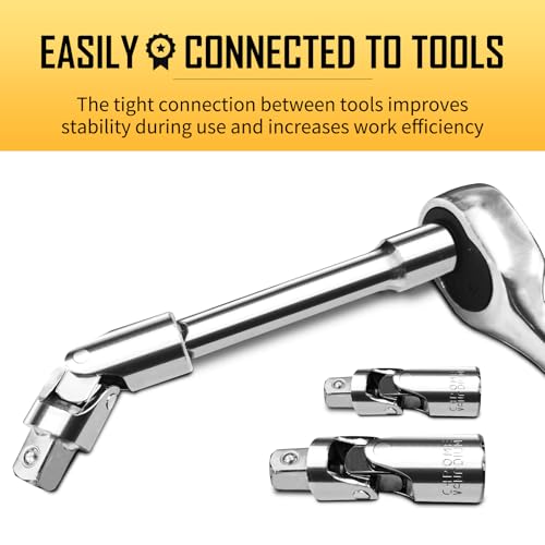 BOEN 3-Piece Universal Joint Socket Adapter Set, 1/2", 3/8", and 1/4" Drive, Ball Spring Design, Chrome Vanadium Steel Swivel Socket Adapter Set, Full Polished
