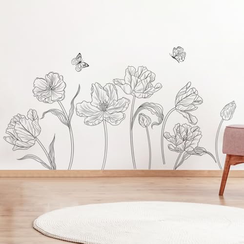 Creative 3D Black Flower Wall Decals Boho 8 Tulip Flowers Wall Stickers DIY Peel and Stick Sketch Simple Line Garden Floral Plants Wall Decor for Kids Girls Bedroom Living Room Nursery Decoration