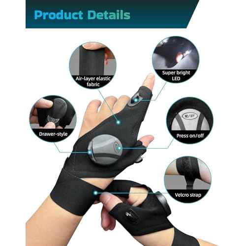 LED Flashlight Gloves, Unique Gifts for Men Dad Boyfriend Him Husband, Stocking Stuffers Christmas Birthday Gift, Waterproof Cool Gadgets Finger Lights with Toggle Switch for Camping Fishing Repairing