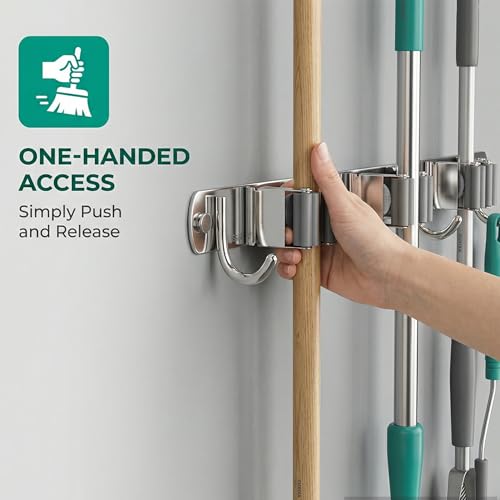 CUXIXA Silver Wall Mount Broom and Mop Holder with 3 Racks & 4 Hooks