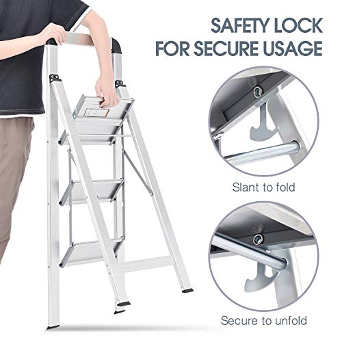 KINGRACK 3-Step Aluminium Ladder with Handrail - Lightweight Foldable Step Stool for Kitchen, Garage, Home, Silver