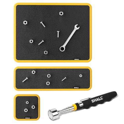 SHALL 3-Piece Magnetic Tool Parts Mat and Telescoping Magnetic Pickup Tool, Flexible Magnetic Tool Holder Pad W/ 83 Built-In-Magnets & 25LBS Pull Force Extendable Magnet for Mechanic Wrench Screw Bolt