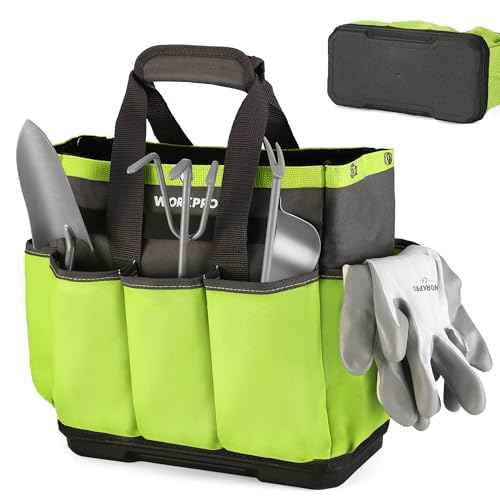 WORKPRO Garden Tool Bag with Waterproof Plastic Base, 8 Pockets Gardening Bag, Heavy Duty Oxford Garden Tote Caddy, Gardening Tool Kit Holder for Indoor and Outdoor(Tools NOT Included)