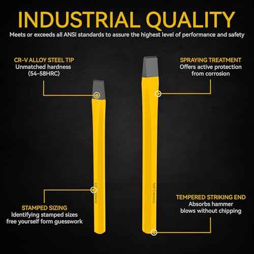 Renekton Heavy Duty Cold Chisels Set, 3/8 in, 1/2 in, 5/8 in, CR-V Steel, For Cutting Rivets, Rods and Bolts, Removing Slag£¬3 Piece