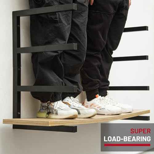 YYR Wood Organizer and Lumber Storage Rack Wall Mount, Heavy Duty Metal Shelf with 4-Level Holds Up 800 LBS, Indoor & Outdoor Use - Black