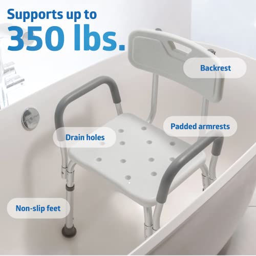 Medline Grey Padded Shower Chair with Backrest & Armrests - 350 lb Capacity, Adjustable Legs, Senior & Disabled Bath Seat