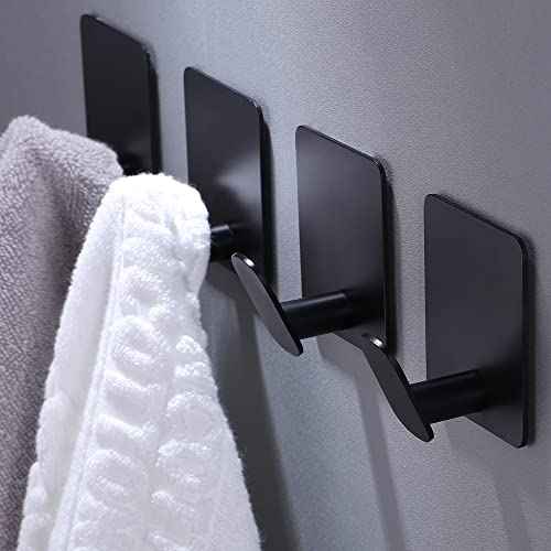 DELITON Adhesive Hooks - 4 Pack Towel/Coat Hooks Wall Hook Stick on Bathroom or Kitchen (Matte Black, Stainless Steel)