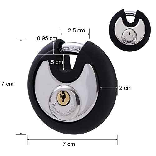 DAYGOS Outdoor Padlock for Storage Unit, Waterproof Stainless Steel Disc Lock with Rubber Bumper for Sheds,Gate and Fence, Heavy Duty Discus Keyed Pad Lock (3/8-Inch Shackle)