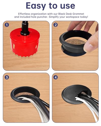 GA1FSL 2 Inch Black Desk Grommet with Hole Saw - Cable Management Kit