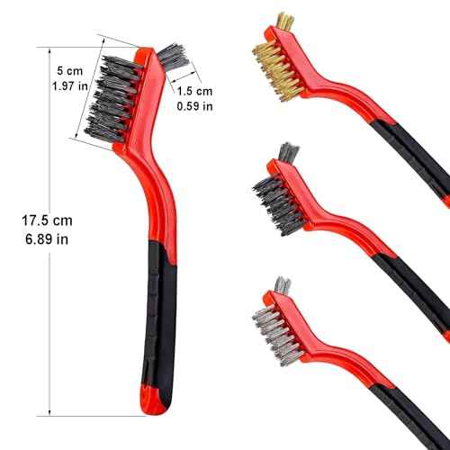 6Pcs Mini Wire Brush Set, Stainless Steel/Brass/Nylon Bristles Wire Brushes, Curved Handle Soft Grip for Rust, Dirt & Paint Scrubbing with Deep Cleaning ? 7 Inches (Red)