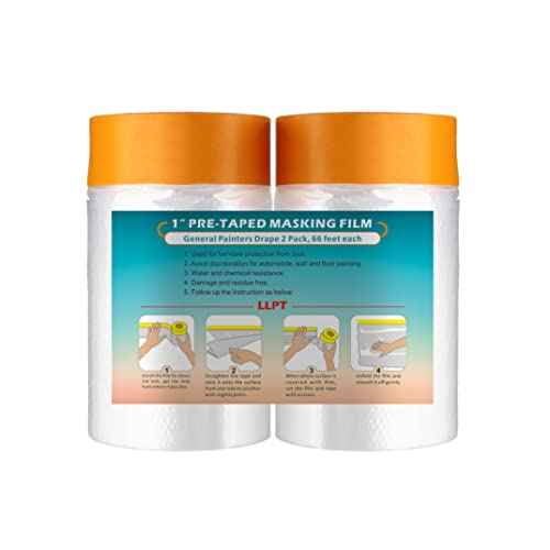 LLPT Tape and Drape 25.6¡±(Unfolded) x 66 Ft Each 2 Pack Pre-Taped Masking Film 0.27 Mil Painters Plastic Drop Cloth for Auto Wall Furniture Painting Protection (MFT652)