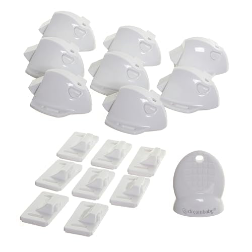 Dreambaby Adhesive Mag locks (8-Pack 1 Key) - Child Proofing Cabinet Magnetic Latches - White- Model L859