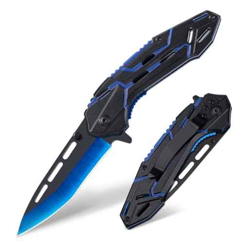 Cool Pocket Knife for Men, Camping Knife with 3.4¡± Stainless Steel Blade, EDC Folding Knives with Clip for Outdoor Hiking, Gifts for Dad Him Husband (Blue)