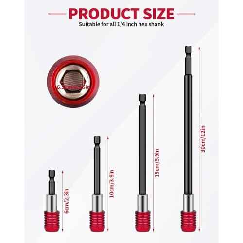 4 PCS Drill Bit Extension, 1/4" Hex Magnetic Drill Extension Bit Holder, Drill Extension for Impact Driver, 2", 4", 6", 12" Length, Durable Cr-V Steel, Perfect for Screws, Nuts and Drill Sockets