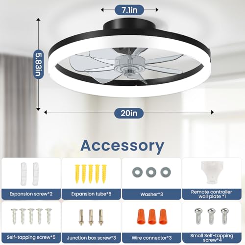 CHAREADA 20" Black Ceiling Fan with Light, Remote & App Control, Low Profile Foldable Design