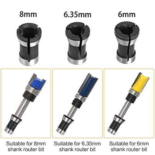 6pcs High Precision Trimmer Collet Adapter 6mm 1/4" 8mm Router Bit Collet Chuck Clamping Adapter for Engraving Trimming Machine Electric Router Milling Cutter