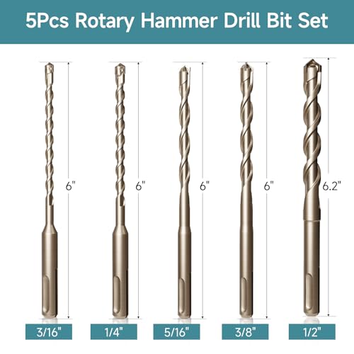 SDS Plus Rotary Hammer Drill Bits Set, 5 Pcs (3/16", 1/4", 5/16", 3/8", 1/2") x 6 in. ? Carbide Tipped Masonry Drill Bit Kit for Concrete, Brick, Cement, Stone