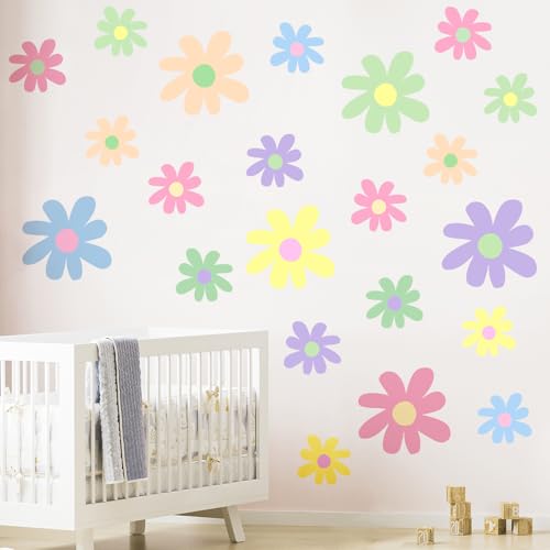 12 Sheets Daisy Wall Decals, Pastel Style Flowers Wall Stickers, Vinyl Peel and Stick Cute Boho Floral Decals, Large Daisy Floral Wall Decor for Girls Teens Nursery Bedroom Living Room