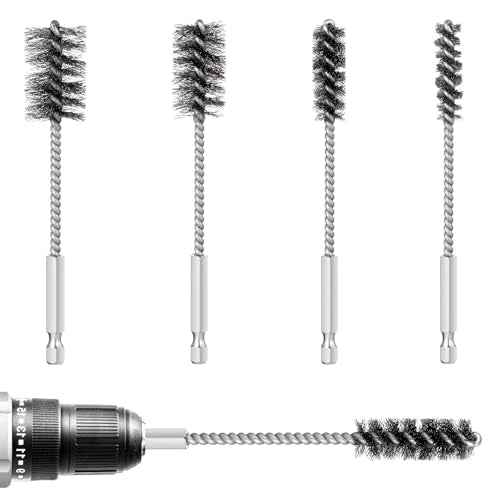 4 Pcs Stainless Steel Bore Brush Set Drill Wire Brush Small Wire Brushes with Hex Shank Handle for Drill Ports Tubes Bearings Cleaning Parts 3/8'' 1/2'' 3/4'' 7/8''