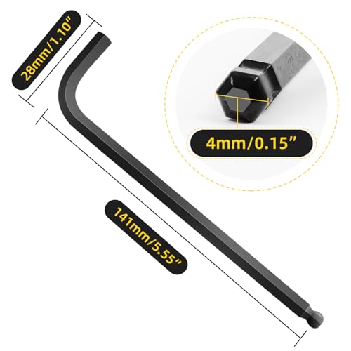 4mm Ball End Hex Key Allen Wrench, L Shaped Extra Long Arm Heavy Duty CRV Steel Repairing Tool 6 Pcs, Black