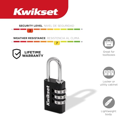Kwikset 3-Digit Aluminum Combination Padlock - Waterproof, Keyless Lock for Bags & Lockers